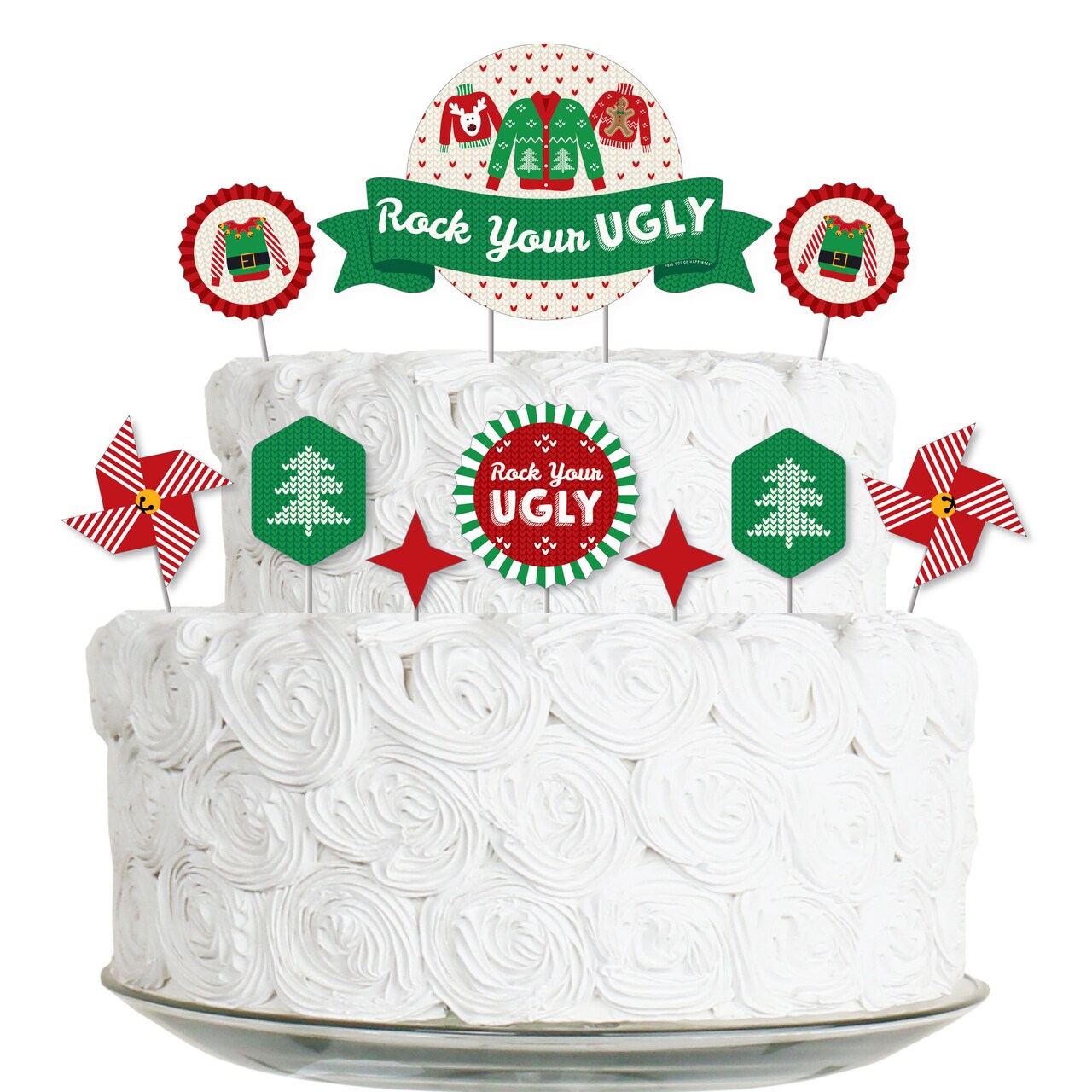 Big Dot of Happiness Ugly Sweater - Holiday and Christmas Party Cake Decorating Kit - Rock Your Ugly Cake Topper Set - 11 Pieces